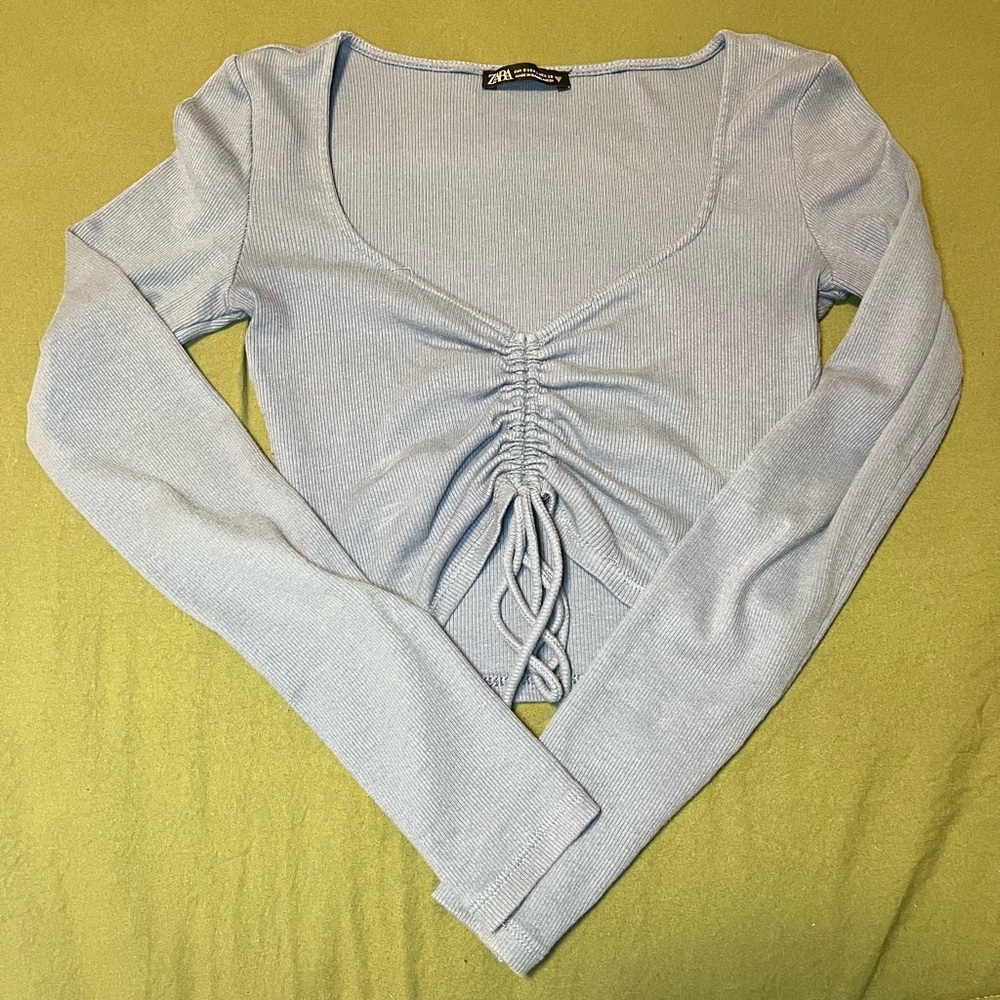 Zara ruched blue crop top Long sleeve